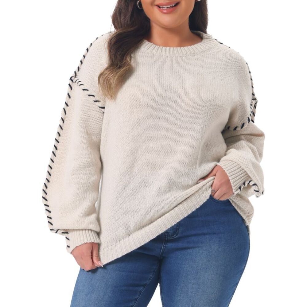 Women Plus Size Round Neck Pullover Sweater Knit Tops White